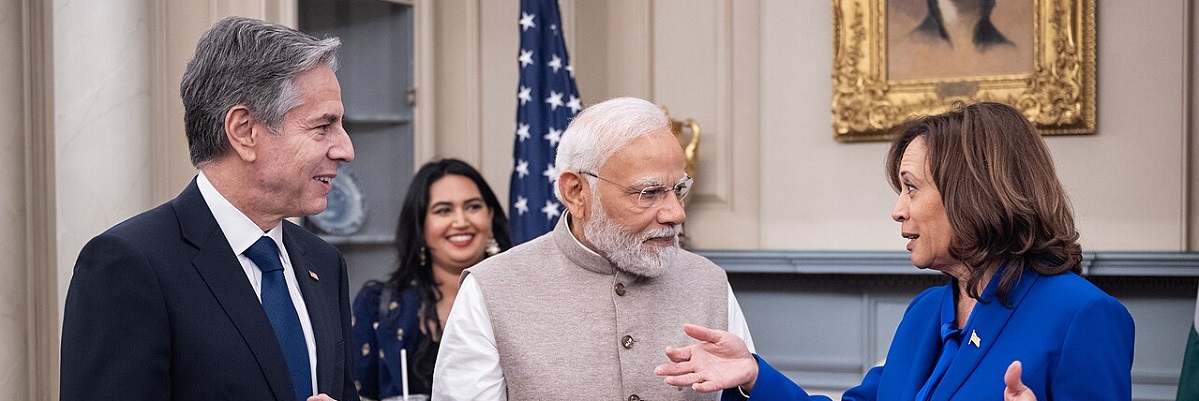 Narendra Modi mit Minister Antony Blinken und Vizepräsidentin Kamala Harris